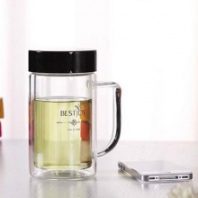 雙層水晶玻璃杯富光玻璃杯 辦公茶杯水杯子帶手柄茶隔過(guò)濾
